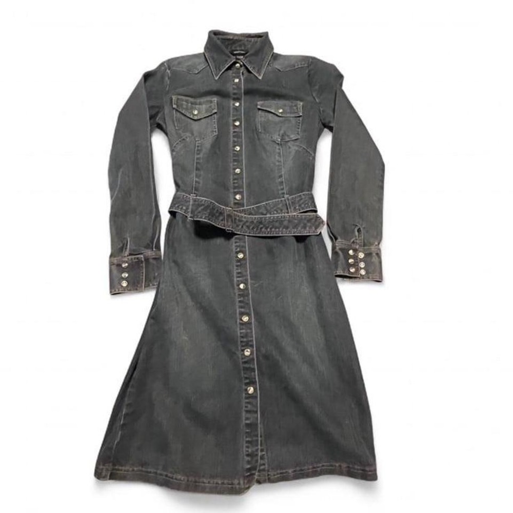 Moda International Women's Size 2 Denim Shirt Dress Belted Western Snap Front